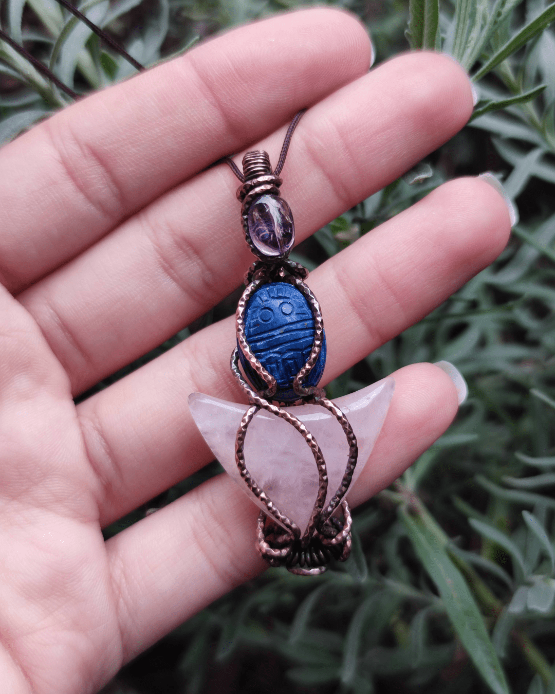 Celebrate your Rebirth with our Divine Blue Scarab. Invest in our Amethyst, Lapis & Rose Quartz Pendant from our High Vibration Jewelry at Sacred in Lebanon.