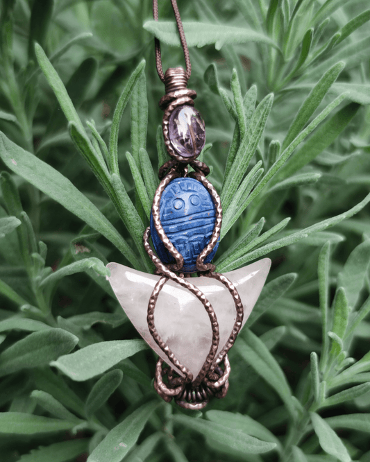 Celebrate your Rebirth with our Divine Blue Scarab. Invest in our Amethyst, Lapis & Rose Quartz Pendant from our High Vibration Jewelry at Sacred in Lebanon.