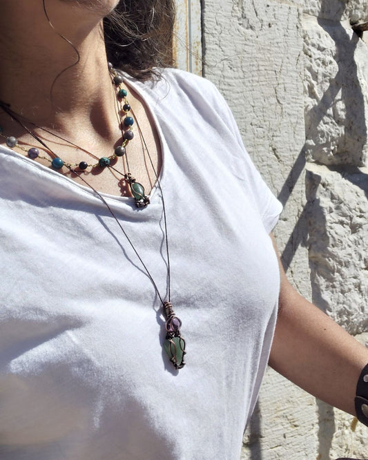 Embrace the Joy of Spring with Chloris. Invest in our Amethyst & Aventurine Necklace from our Energy Cleansing Jewelry Collection at Sacred in Lebanon.