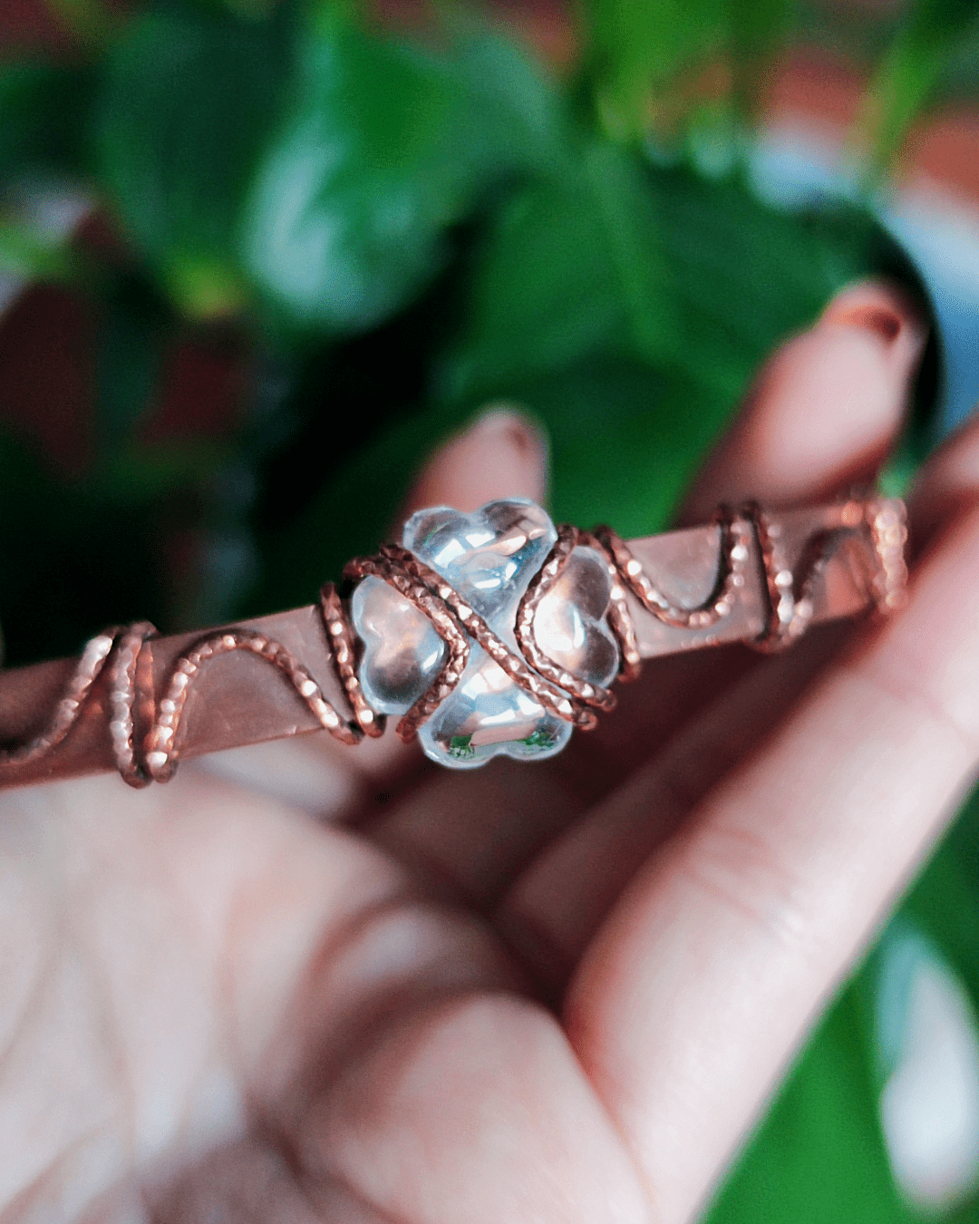 Elevate your vibration! Invest in our Clear Alignment • Clear Quartz Clover Copper Arm Cuff from our Energy Cleansing Jewelry Collection in Lebanon at Sacred.