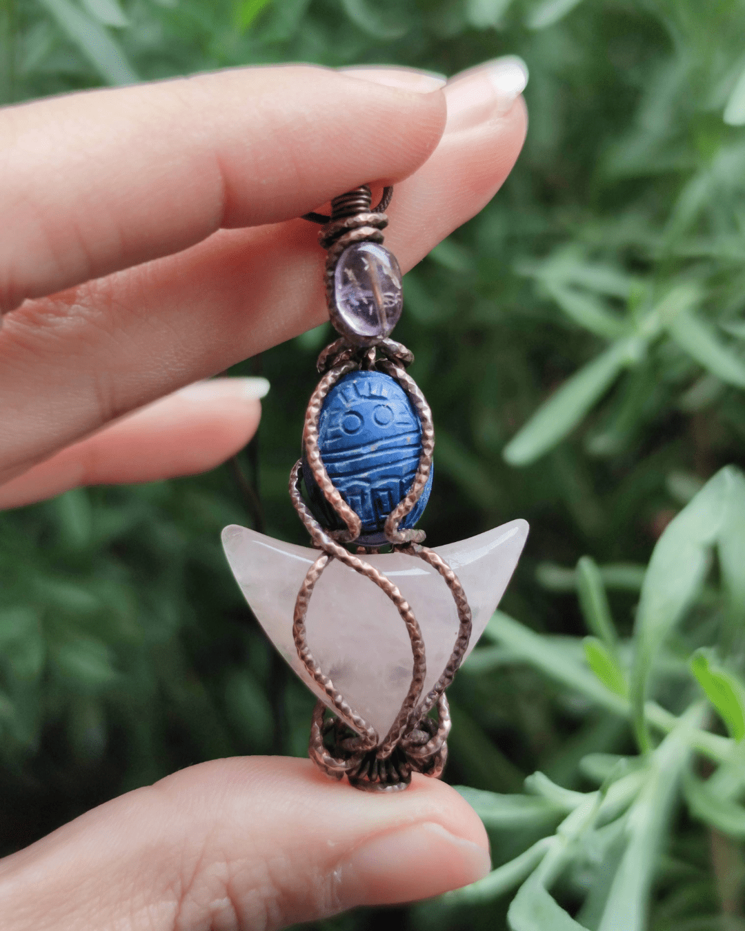 Celebrate your Rebirth with our Divine Blue Scarab. Invest in our Amethyst, Lapis & Rose Quartz Pendant from our High Vibration Jewelry at Sacred in Lebanon.