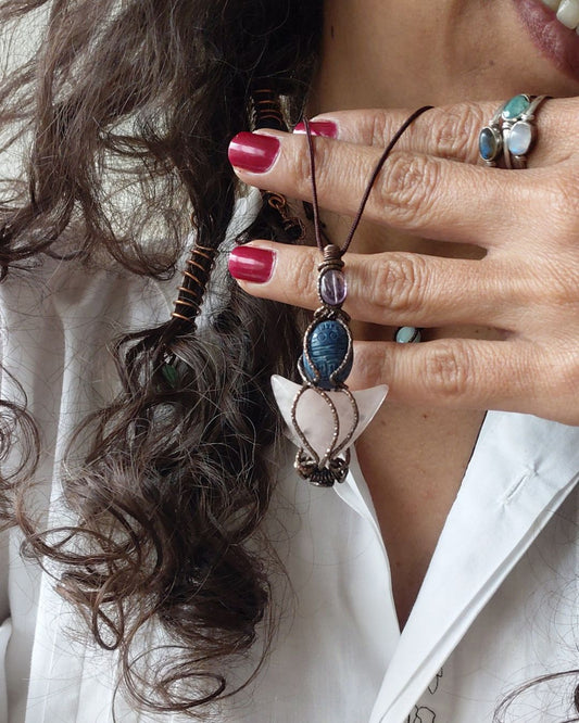 Celebrate your Rebirth with our Divine Blue Scarab. Invest in our Amethyst, Lapis & Rose Quartz Necklace in Lebanon at Sacred