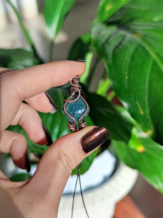Connect with Nature's Rhythm with Glen. Invest in our Moss Agate Pendant from our Handcrafted Copper Pendant Collection in Lebanon at Sacred!