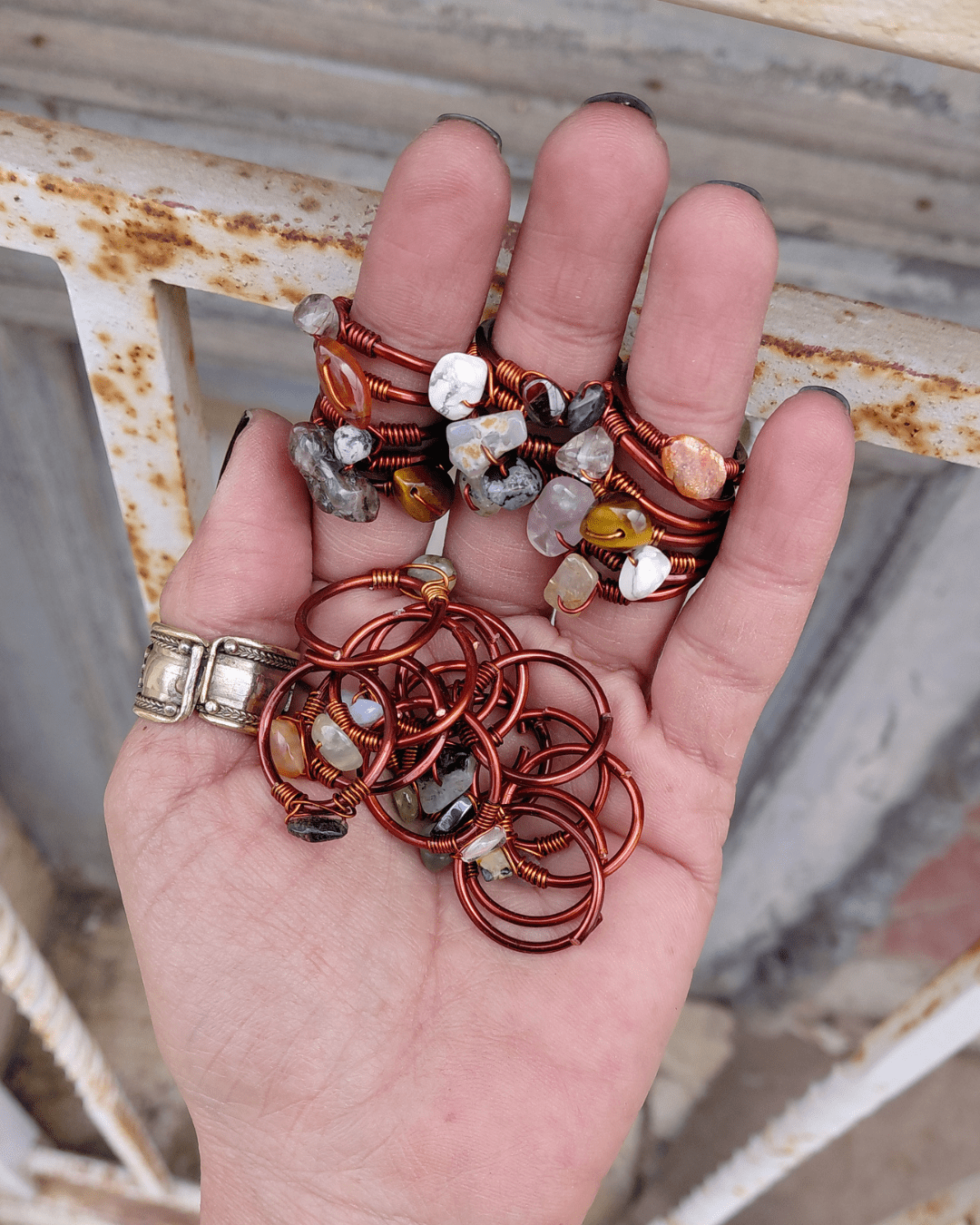 Set your Intention & my intuition will choose your stack. Invest in our Intuitive Mystery Stacking Adjustable Copper Crystal Rings in Lebanon at Sacred.