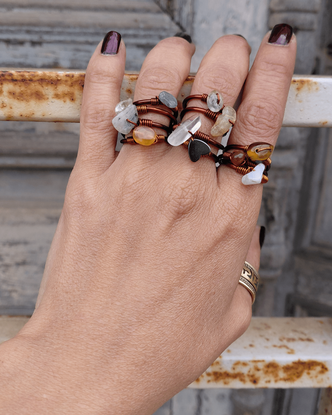 Set your Intention & my intuition will choose your stack. Invest in our Intuitive Mystery Stacking Adjustable Copper Crystal Rings in Lebanon at Sacred.