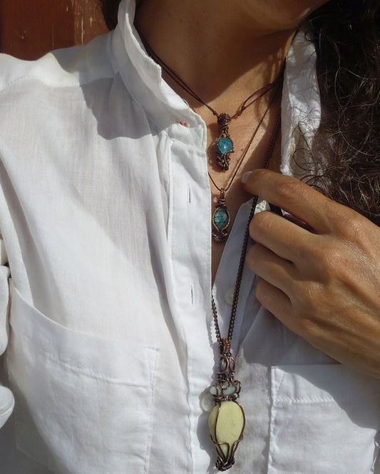 Channel Ancient Growth & vitality with Mayahuel. Invest in our our Aztec-inspired Sodalite, Amazonite & Serpentine Pendant at Sacred in Lebanon.