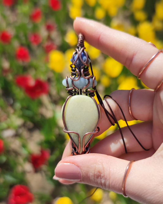 Channel Ancient Growth & vitality with Mayahuel. Invest in our our Aztec-inspired Sodalite, Amazonite & Serpentine Pendant at Sacred in Lebanon.