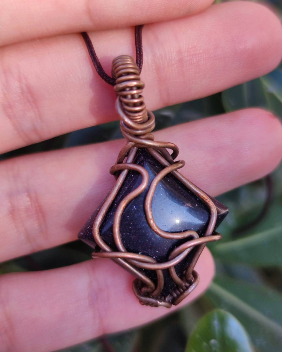 Invest in our Starry Night • Blue Goldstone Necklace from our Crystal Wrapped in Copper Jewelry in Lebanon at Sacred!